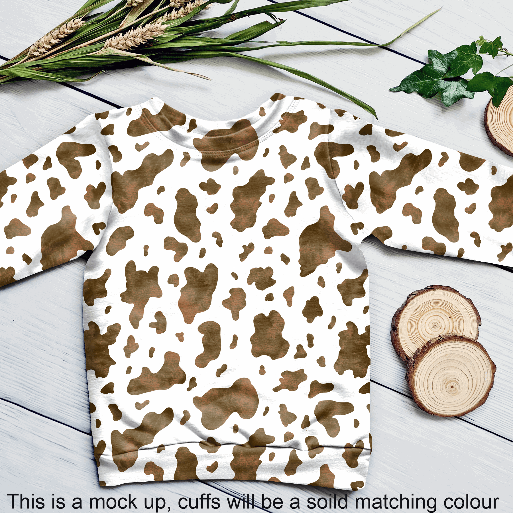 Cow Print- Brown & White -Jumper with matching solid colour cuffs