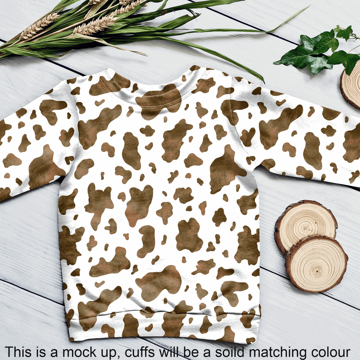 Cow Print- Brown & White -Jumper with matching solid colour cuffs